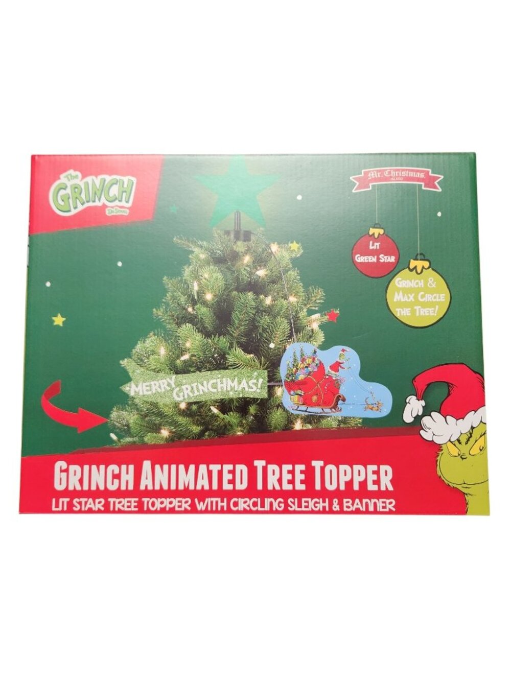 Mr. Christmas Animated Grinch Sleigh Tree Topper with LED Star